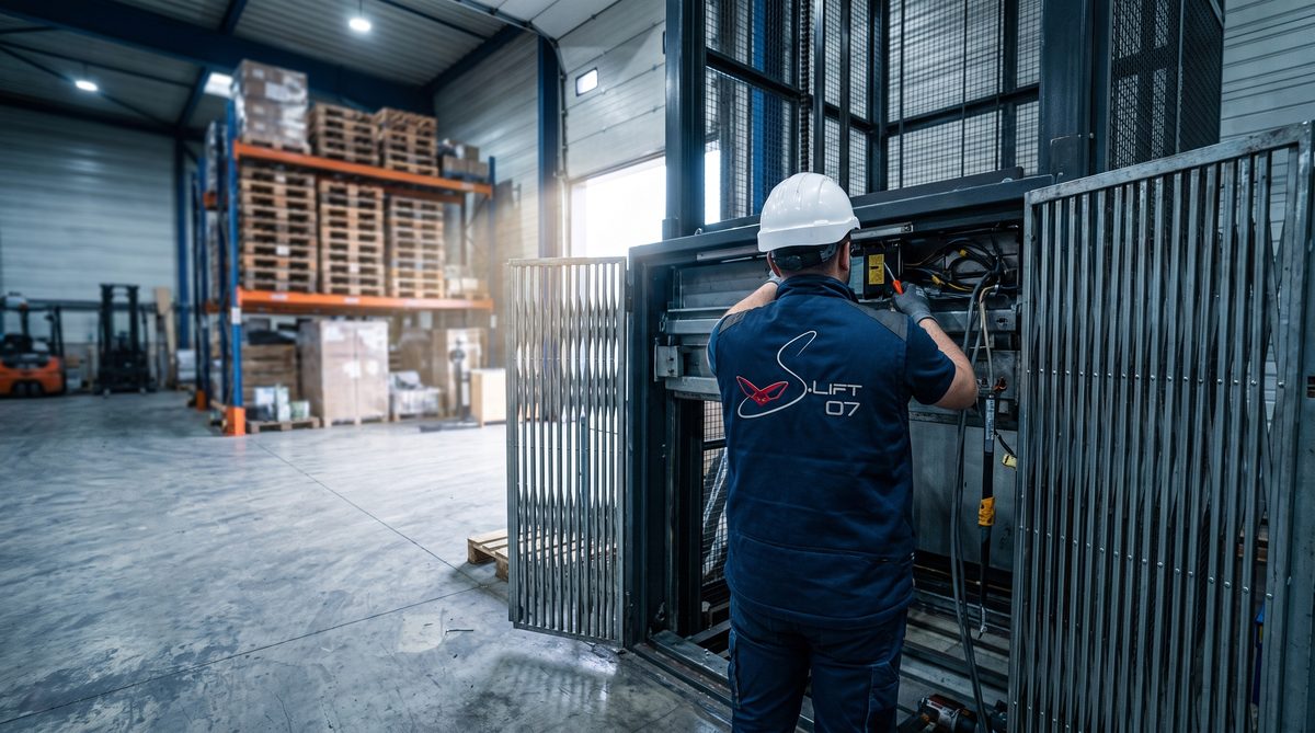 Technicien SLIFT07 intervenant sur un monte-charge industriel en entrepôt